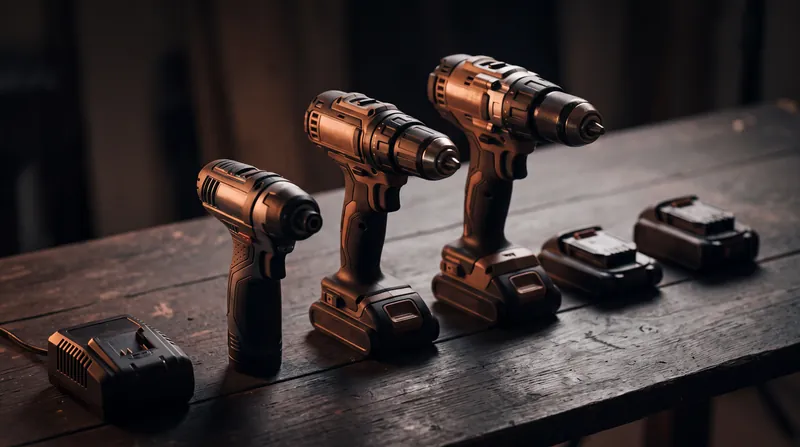 Three cordless drills lined up on a dark workbench with spare batteries and a charger