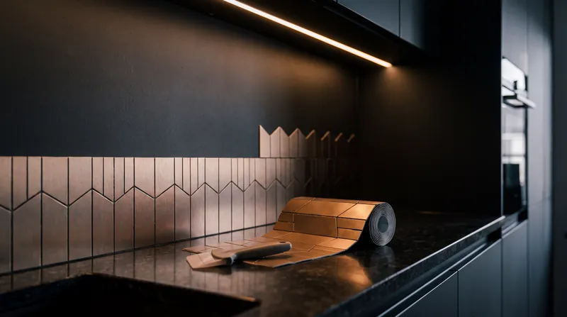 Peel-and-stick backsplash tiles half applied behind a kitchen counter