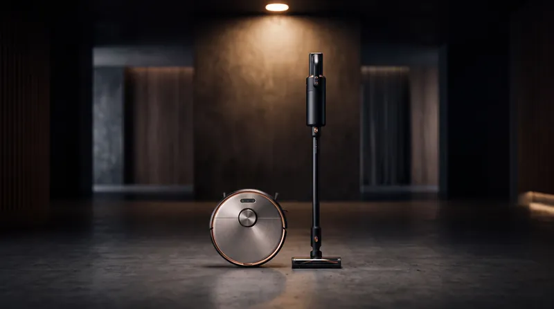 A robot vacuum and a cordless stick vacuum facing each other under a warm spotlight
