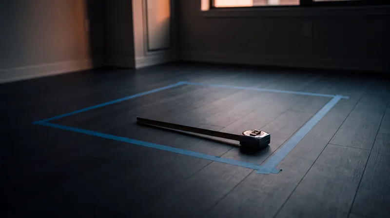 Painter's tape marking a sofa footprint on an apartment floor with a tape measure