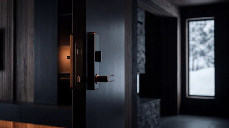 Inside view of a deadbolt and smart lock with snow outside the side window