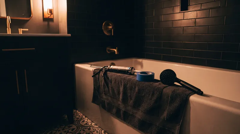 Caulk gun, painter's tape and a new shower head laid out on the edge of a tub