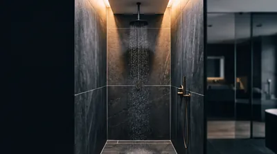 A matte-black rain shower head in a dark tiled shower with water droplets in warm light