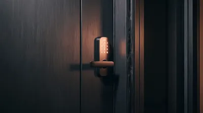 A keypad smart lock glowing amber on a dark front door