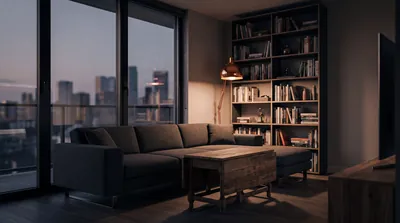 A compact apartment living room at dusk with a low sofa and tall bookshelf