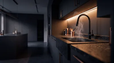 Matte-black pull-down faucet over a dark stone sink under warm cabinet lighting
