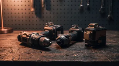Cordless drill, impact driver and laser level on a dark workbench