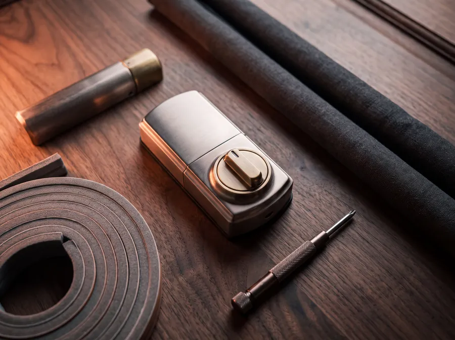 Smart lock, weatherstripping, draft stopper and screwdriver laid out on a dark wood door